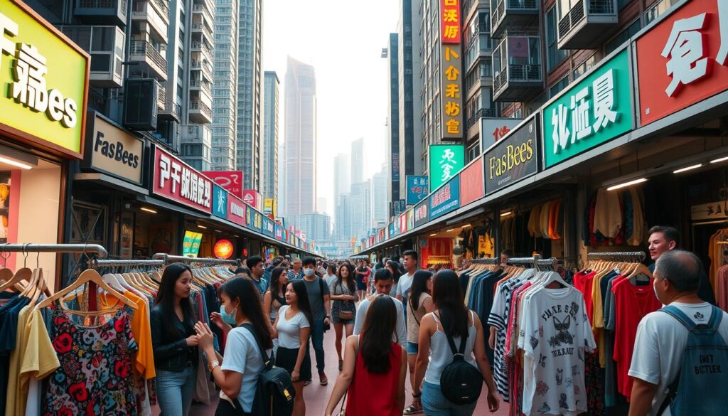 A bustling Hong Kong fashion market with a vibrant, dynamic atmosphere. In the foreground, a colorful display of trendy apparel and accessories from the FasBees brand, showcasing their latest collection. In the middle ground, diverse shoppers browsing and interacting with merchants, creating a lively scene. The background features the iconic high-rise buildings and neon signage that define the Hong Kong skyline, bathed in warm, golden hour lighting. The overall mood conveys a sense of energy, fashion-forward style, and the global appeal of the Hong Kong retail landscape.