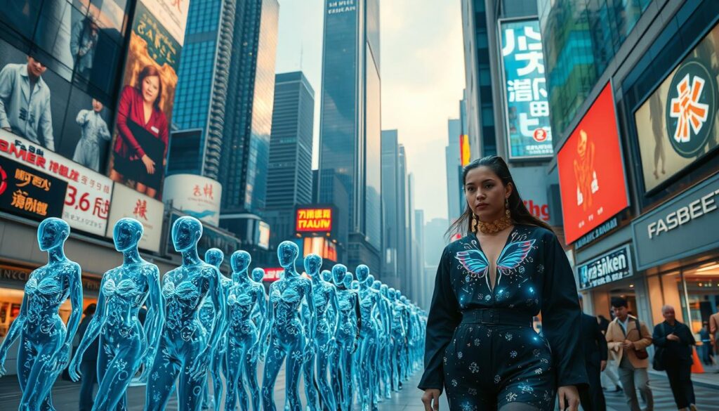 A bustling cityscape of Hong Kong's fashion district, bathed in a sleek, futuristic glow. In the foreground, a stylish model showcases the latest collection from the innovative fashion brand "FasBees", their garments shimmering with digital embellishments. The middle ground features a swarm of holographic mannequins, their forms flickering and shifting, as digital design tools and 3D printers whir to life. In the background, towering skyscrapers and neon-lit billboards reflect the industry's embrace of cutting-edge technology, signaling Hong Kong's fashion scene as a hub of digital transformation. Crisp, cinematic lighting and a dynamic camera angle capture the energy and excitement of this futuristic fashion landscape.