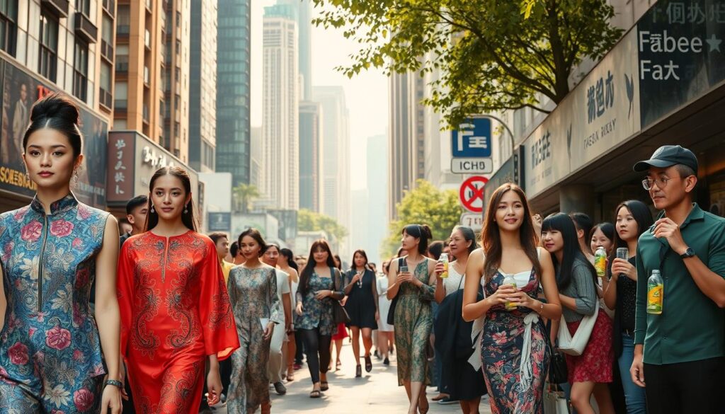 A bustling street in Hong Kong's Causeway Bay, showcasing the latest eco-fashion trends. In the foreground, models strut down the catwalk, wearing vibrant, sustainable garments from the FasBees brand. The fabrics are made from recycled materials, with intricate designs that blend traditional Chinese motifs with modern silhouettes. In the middle ground, onlookers admire the show, their faces alight with excitement as they sip organic beverages. The background is a mix of towering skyscrapers and lush greenery, reflecting the city's embrace of environmentally-conscious living. Warm, natural lighting bathes the scene, creating a sense of optimism and progress. The overall atmosphere conveys the growing popularity and acceptance of sustainable fashion in Hong Kong.