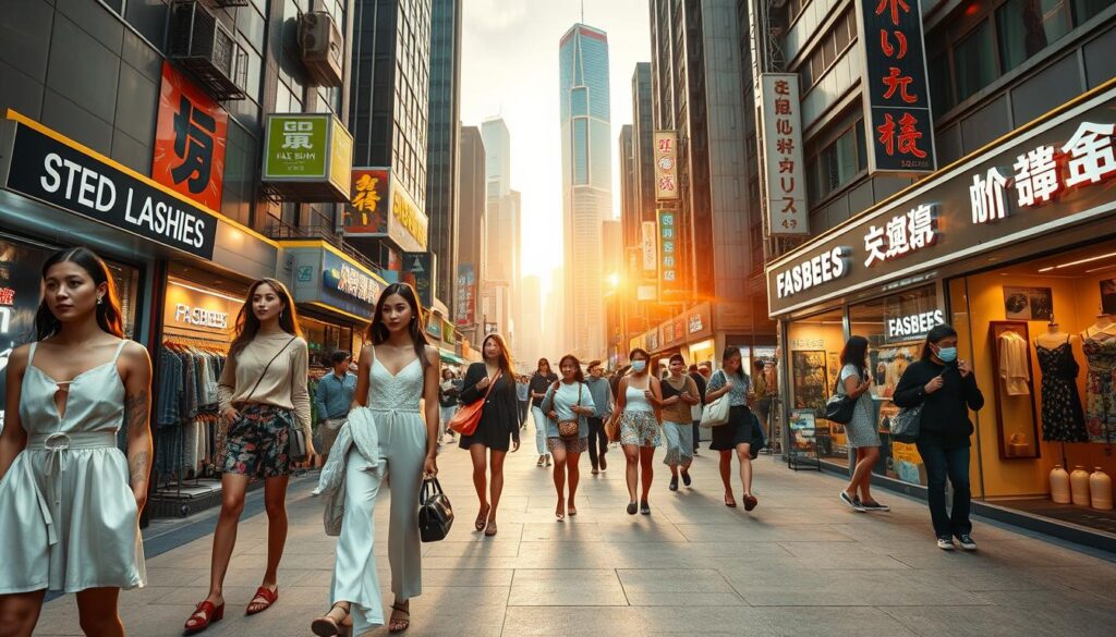 A bustling street in the heart of Hong Kong, showcasing the latest sustainable fashion trends. In the foreground, models showcase chic outfits from the FasBees label, made from recycled and organic materials. The middle ground features stylish pedestrians browsing through eclectic boutiques, their bags and accessories reflecting a conscious, eco-friendly lifestyle. In the background, towering skyscrapers and neon signs create a vibrant, futuristic cityscape, bathed in warm, golden-hour lighting. The scene conveys a sense of progressive, forward-thinking fashion that prioritizes sustainability and environmental responsibility.