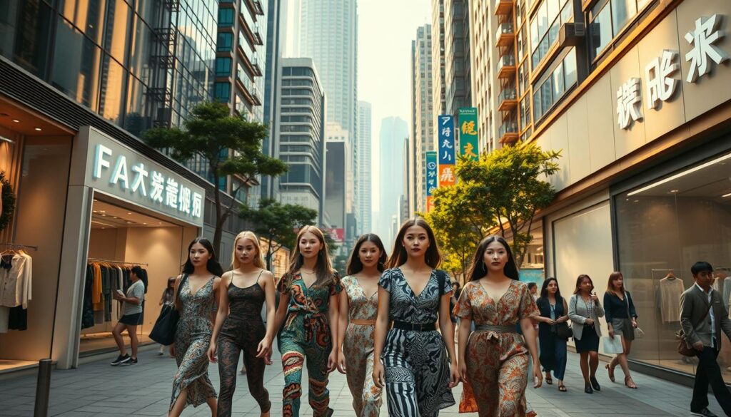 A bustling street in the heart of Hong Kong, showcasing the vibrant, eco-conscious fashion scene. In the foreground, a group of models confidently stride, dressed in the latest sustainable designs from local brand FasBees. Their outfits feature intricate patterns and textures, crafted from organic, recycled materials. In the middle ground, stylish pedestrians browse the window displays of sleek, minimalist boutiques, admiring the sustainable collections. The background is a symphony of towering skyscrapers, neon signs, and lush greenery, creating a dynamic, futuristic cityscape. The lighting is a warm, golden hue, casting a welcoming glow and highlighting the vibrant, environmentally-friendly ethos of Hong Kong's fashion industry. A sense of modern, forward-thinking style permeates the scene, reflecting the city's embrace of sustainable fashion trends.