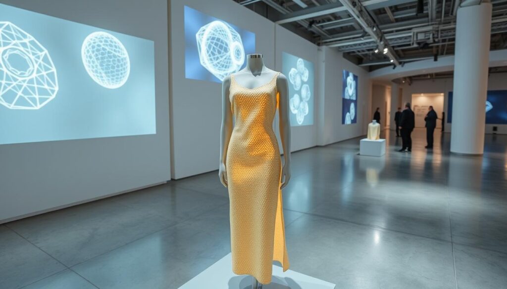 A high-tech fashion showroom showcasing innovative sustainable materials and technologies. In the foreground, a display of FasBees' revolutionary biodegradable fabric woven from recycled honey bee honeycomb. In the middle ground, a sleek, form-fitting dress made from this material, lit by soft, diffused lighting. In the background, projection screens display holographic visualizations of the garment's molecular structure and manufacturing process. The space has a clean, minimalist aesthetic with polished concrete floors and white walls, creating a sense of futuristic elegance.