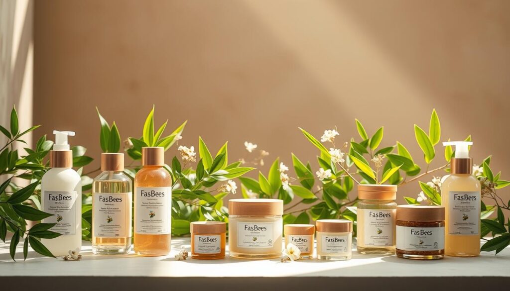 A serene, minimalist beauty product display showcasing the FasBees brand. In the foreground, a variety of sustainable, eco-friendly skincare bottles and jars made from recycled glass and bamboo, bathed in soft, natural lighting. In the middle ground, lush, verdant leaves and delicate flowers frame the products, conveying a sense of purity and vitality. The background features a muted, earthy-toned backdrop, creating a calming, nature-inspired ambiance. The overall composition emphasizes the harmony between the elegant, sustainable packaging and the natural elements, reflecting Hong Kong's clean beauty and green revolution.