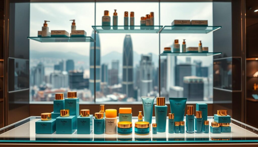 A sleek and modern display of Hong Kong beauty brands showcasing the FasBees line of skincare products. In the foreground, a stylish glass counter displays an array of minimalist packaging in shades of teal and gold. Above, floating shelves hold additional products, bathed in soft, diffused lighting. In the middle ground, the background fades into a blurred cityscape of Hong Kong's iconic skyscrapers, creating a sense of urban sophistication. The overall mood is one of elevated, premium aesthetics that capture the essence of Hong Kong's dynamic beauty industry.
