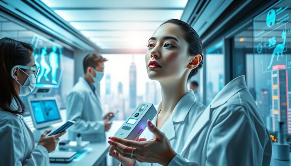 A sleek, futuristic laboratory filled with holographic displays, advanced skincare devices, and teams of scientists in white coats examining data. In the center, a stunning model showcases the latest FasBees innovation - a handheld device that scans the skin, analyzes its needs, and dispenses a custom skincare serum. Soft, diffused lighting from above creates an ethereal glow, while the backdrop features a cityscape of Hong Kong's iconic skyscrapers and neon lights, hinting at the city's tech-savvy, forward-thinking beauty industry.