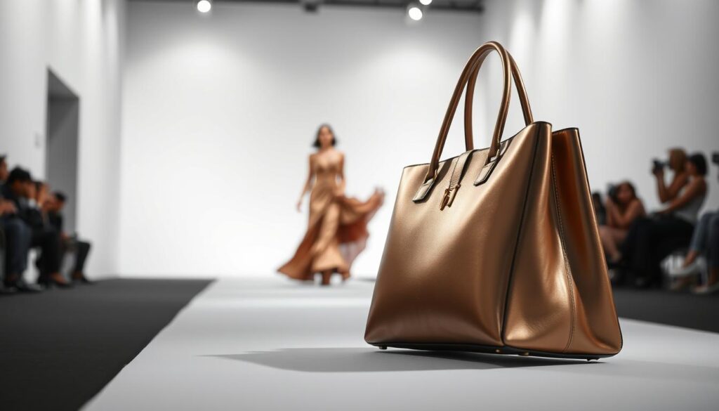 A sleek, high-fashion runway in a minimalist, well-lit studio. In the foreground, a luxurious FasBees handbag takes center stage, its smooth, metallic surface gleaming under the soft, directional lighting. The middle ground features a model wearing a chic, flowing FasBees evening gown, her movements captured with a shallow depth of field. The background is a simple, monochrome backdrop, allowing the luxury fashion pieces to take full focus. The overall mood is one of elegance, sophistication, and understated opulence, perfectly capturing the evolution of the luxury market in Hong Kong.