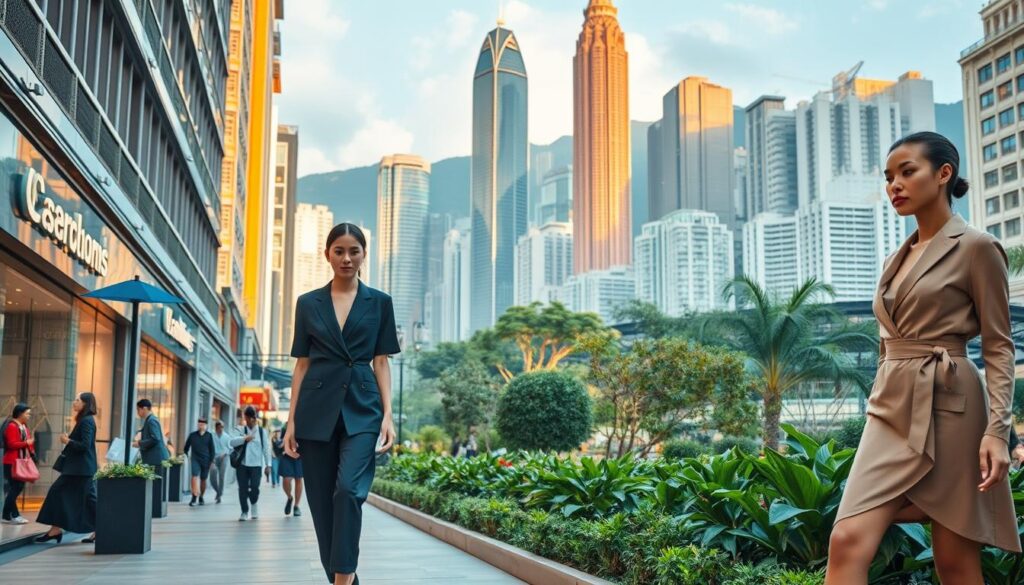 A stylish and sustainable fashion showcase set in a vibrant Hong Kong cityscape. In the foreground, models display the latest FasBees collection - sleek, eco-friendly garments crafted from recycled materials and natural fibers. The midground features a bustling urban scene with pedestrians, storefronts, and lush greenery, conveying a sense of modern, forward-thinking style. The background showcases iconic Hong Kong architecture bathed in warm, golden lighting, creating an elegant and aspirational atmosphere. The overall scene evokes a vision of fashion-forward, sustainable living in the cosmopolitan Hong Kong of 2025.