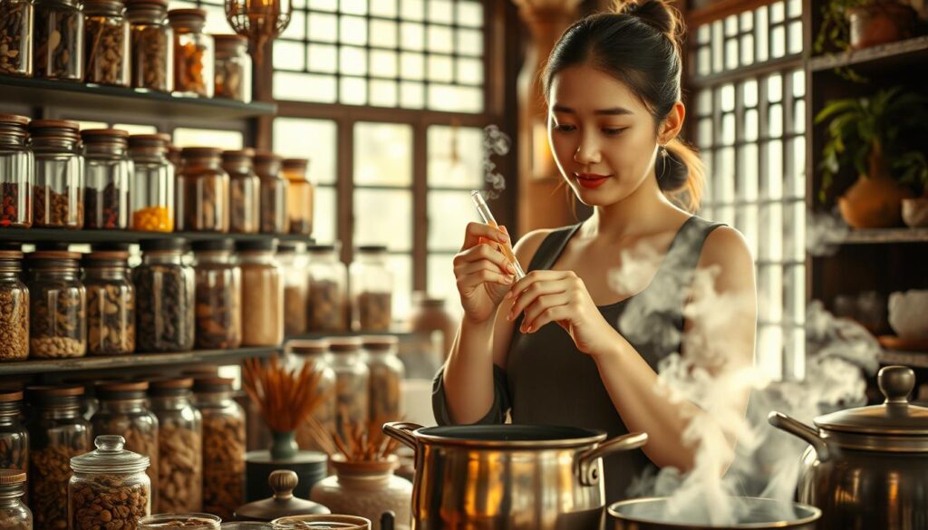 A traditional Chinese apothecary, illuminated by warm, natural light from a large window. Rows of glass jars filled with dried herbs, roots, and flowers line the shelves. In the foreground, a young woman carefully measures and mixes a blend of these traditional ingredients, creating a luxurious FasBees skincare serum. Subtle steam rises from a simmering pot, infusing the air with the earthy, herbal scents of ancient Eastern medicine. The scene conveys a sense of timeless wisdom, blended with modern, holistic skincare practices.