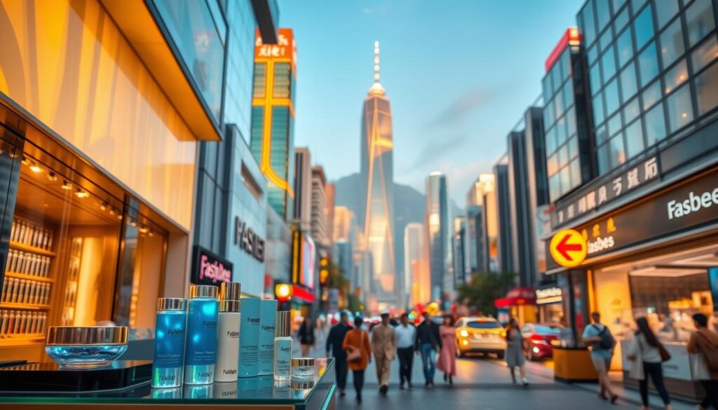 A vibrant cityscape showcasing the latest skincare innovations in Hong Kong. In the foreground, a stylish retail display features the FasBees line of cutting-edge skincare products, with sleek packaging and holographic accents. The middle ground captures bustling city streets, with pedestrians exploring high-end beauty boutiques and chic wellness studios. In the background, the iconic Hong Kong skyline rises, bathed in warm, golden light that creates a sense of futuristic elegance. The scene conveys a vision of Hong Kong as a hub of skincare and beauty innovation, where technology, design, and tradition seamlessly converge.