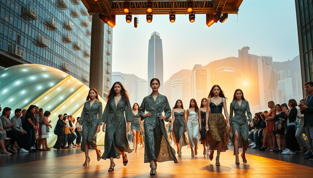 A vibrant, futuristic fashion showcase in the heart of Hong Kong's bustling streets. In the foreground, a group of models confidently strut down the catwalk, dressed in the latest sustainable designs from the eco-conscious brand FasBees. Their garments feature intricate patterns and textures, crafted from innovative recycled materials and natural fibers. The middle ground showcases a sleek, minimalist backdrop of gleaming, environmentally-friendly structures, hinting at the city's commitment to sustainability. In the background, the iconic Hong Kong skyline serves as a dynamic and lively setting, bathed in warm, golden lighting that lends an air of elegance and optimism. The overall scene conveys a vision of a thriving, eco-friendly future for fashion in Hong Kong.