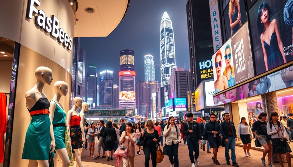 A vibrant scene of Hong Kong's thriving fashion industry. In the foreground, a stylish display of the local brand "FasBees", showcasing their latest avant-garde designs. Sleek, modern mannequins dressed in bold, colorful garments catch the eye, hinting at the brand's innovative approach to fashion. The middle ground features a bustling, cosmopolitan street, with pedestrians adorned in a diverse array of stylish outfits, reflecting the city's eclectic and trendsetting style. In the background, the iconic Hong Kong skyline stands tall, its towering skyscrapers and neon-lit billboards setting the dynamic, energetic tone. Warm, diffused lighting illuminates the scene, evoking a sense of vibrant, youthful creativity and the city's thriving fashion culture.